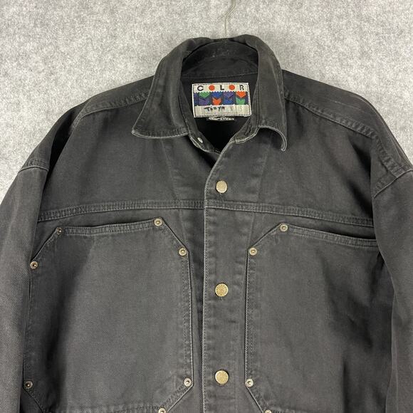 VTG Color Street Denim Jacket Shacket Men XL Black Workwear Utility Grunge Heavy - Picture 2 of 15